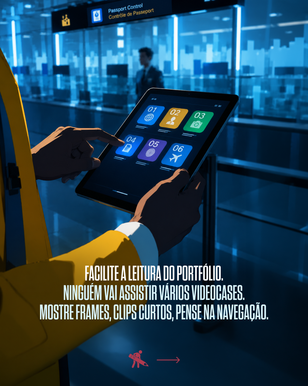 A person in a yellow jacket is using a tablet with a portfolio management app at an airport, with a background of a passport control area and a blurred figure of an officer.