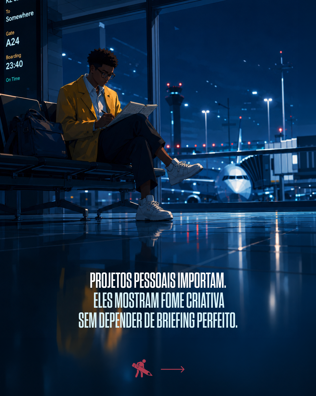 A person sitting at an airport terminal reading a newspaper, with an airplane visible outside the window and airport control towers in the background, illuminated at night.