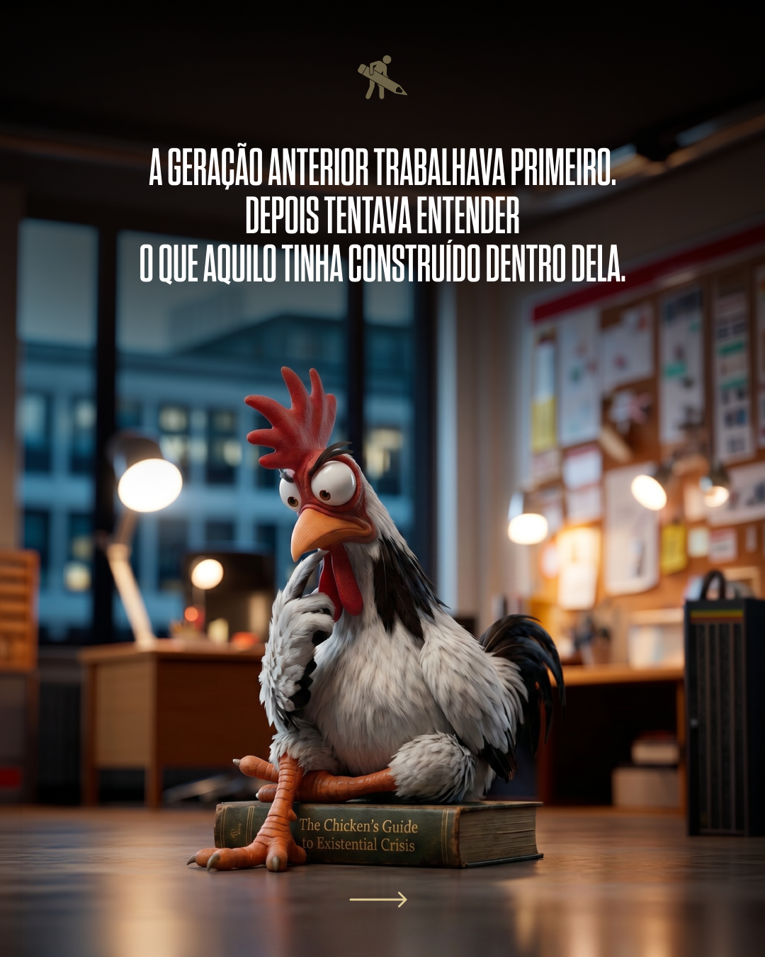A cartoon chicken sitting on a book titled "The Chicken's Guide to Existential Crisis" in a cozy library or study room, pondering with a thoughtful expression.