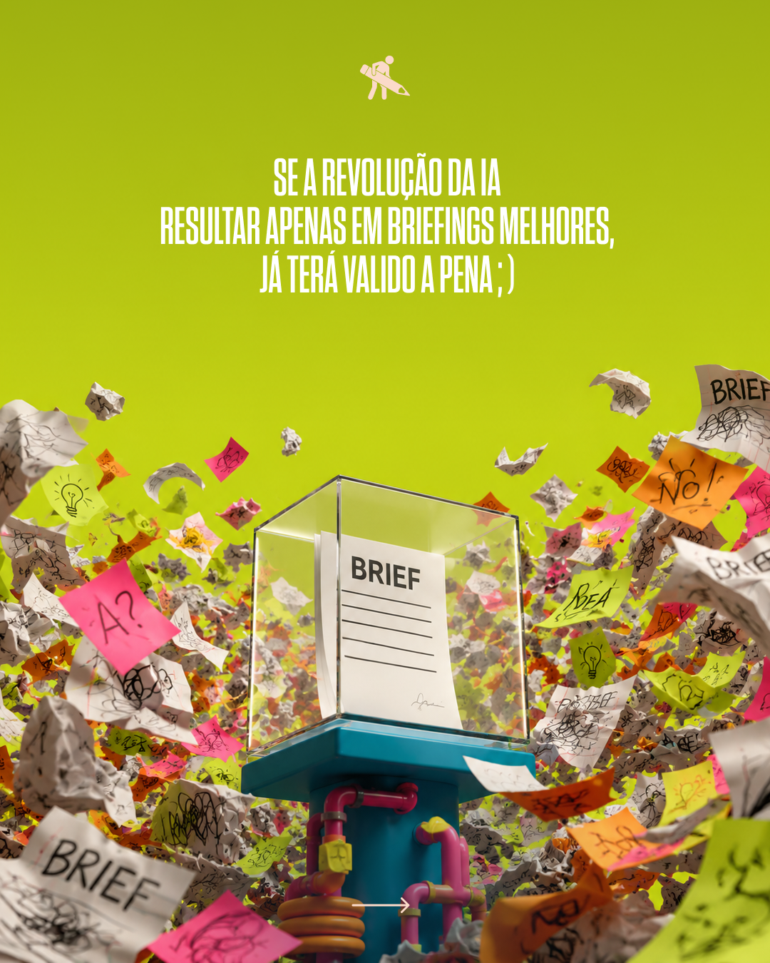 Colorful scene with crumpled papers, sticky notes, and a clear box labeled 'BRIEF' on a blue stand against a bright green background, with a quote about AI and briefings.