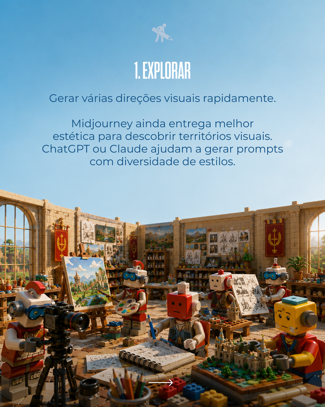 Animated scene with robotic characters creating and displaying artwork, with art supplies and models, set in a workshop or studio environment.