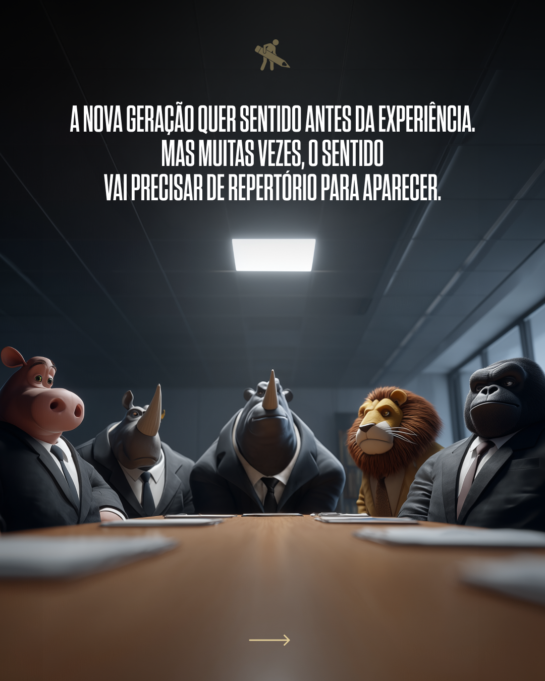 Animated animal characters dressed in business suits sitting around a conference table in a modern office, with a quote about the new generation seeking meaning and sometimes needing a reference to appear.
