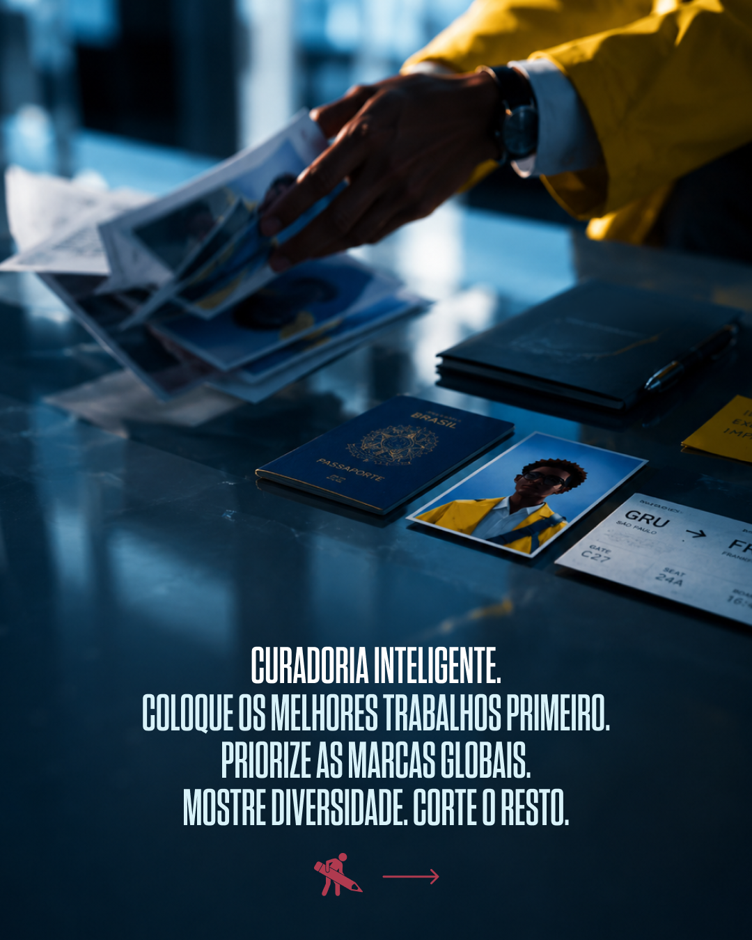 Passenger's hand sorting through photographs and documents on a metal counter, including a Brazil passport, an airline ticket, and a photo ID of a young man in a yellow jacket, with overlaid Portuguese text about smart curatorship and diversity.
