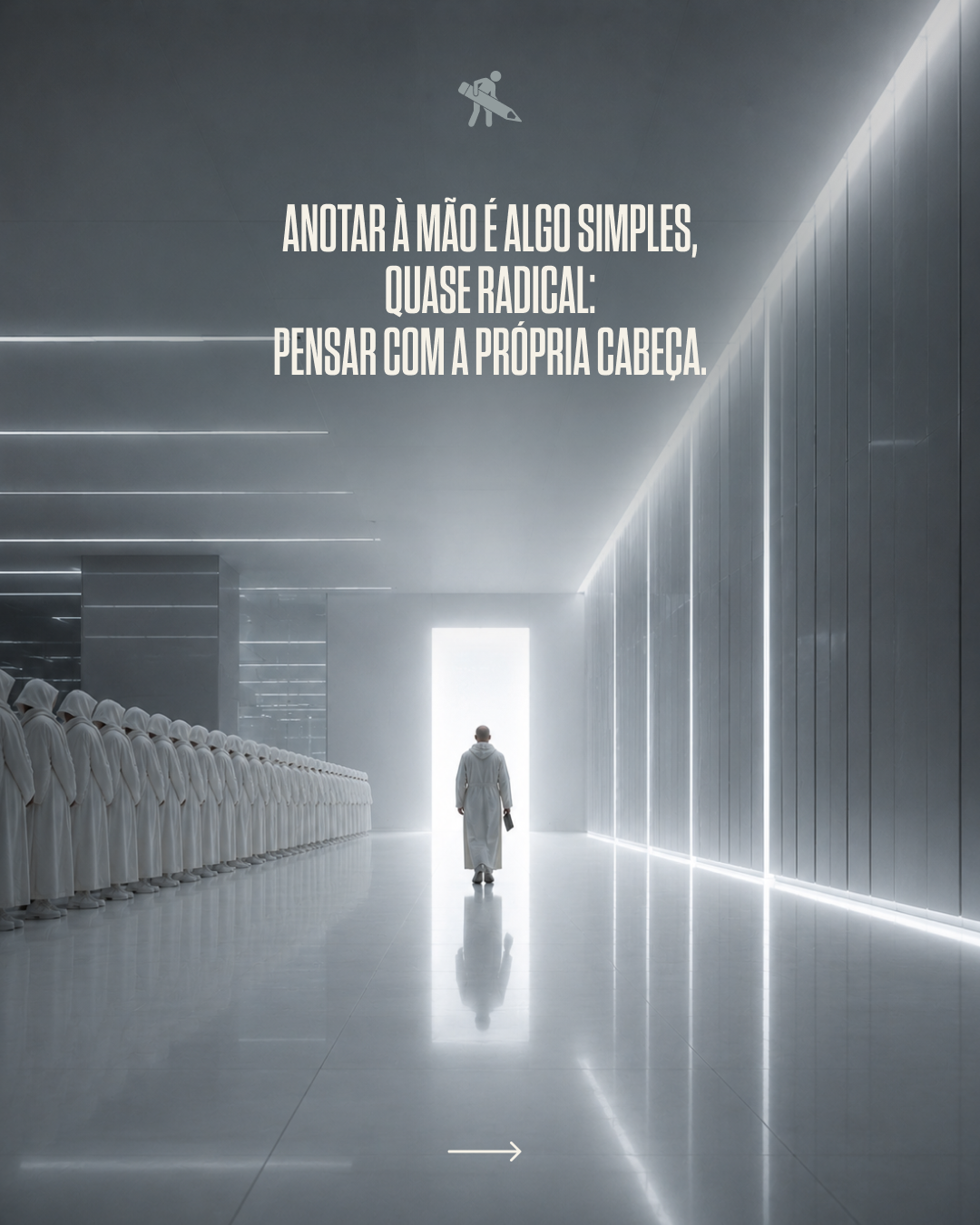 A solitary person in white robes walking towards a bright light door inside a modern, minimalistic, metallic interior with a group of people in similar attire standing in a line along the wall.