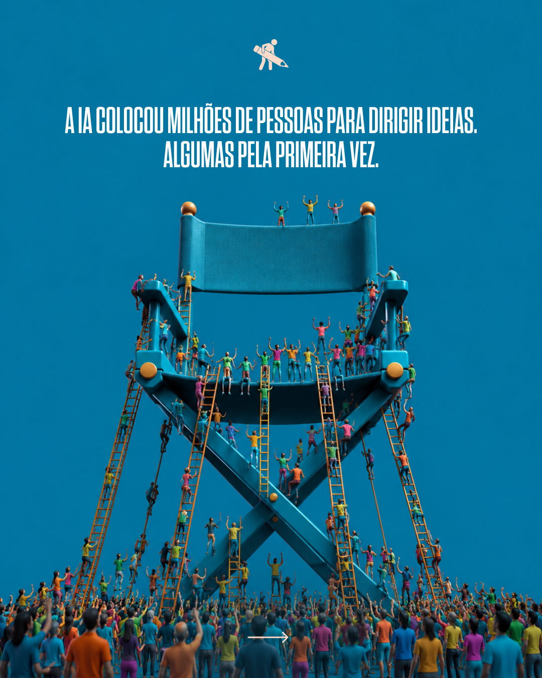 Illustration of a giant crowdsourced human pyramid with many people climbing ladders and cheering, overlaid with text in Portuguese.
