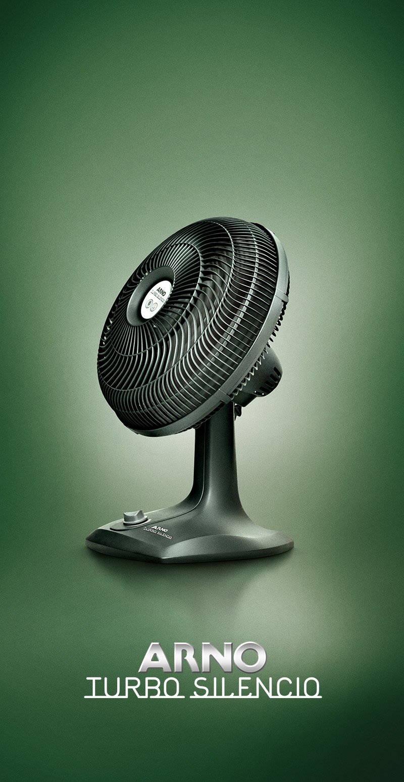 ARNO Turbo Silence fan against green background.