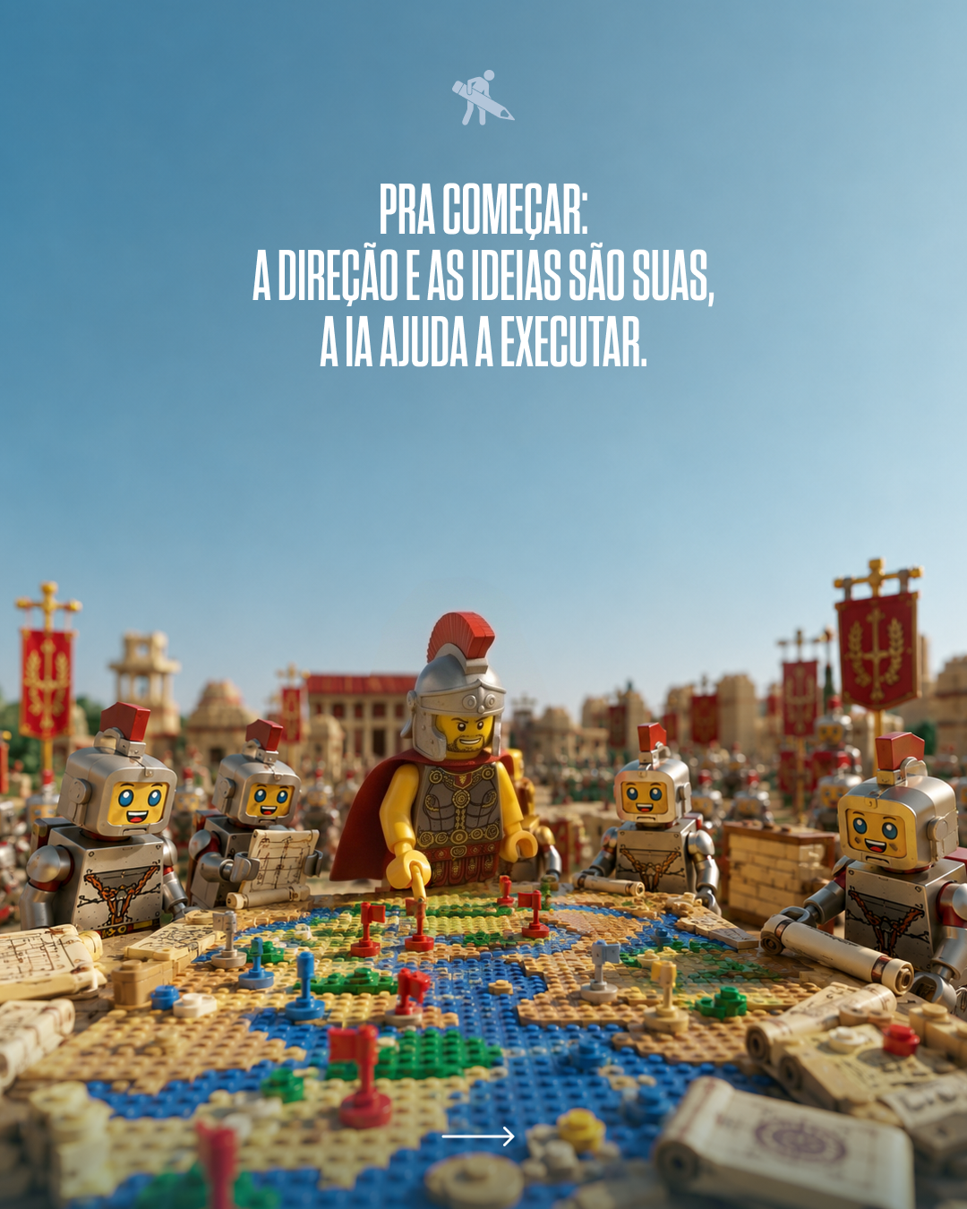 LEGO figures dressed as Roman soldiers and a Roman general are gathered around a table with a LEGO map, with buildings and banners in the background, representing a historical scene or strategy discussion.
