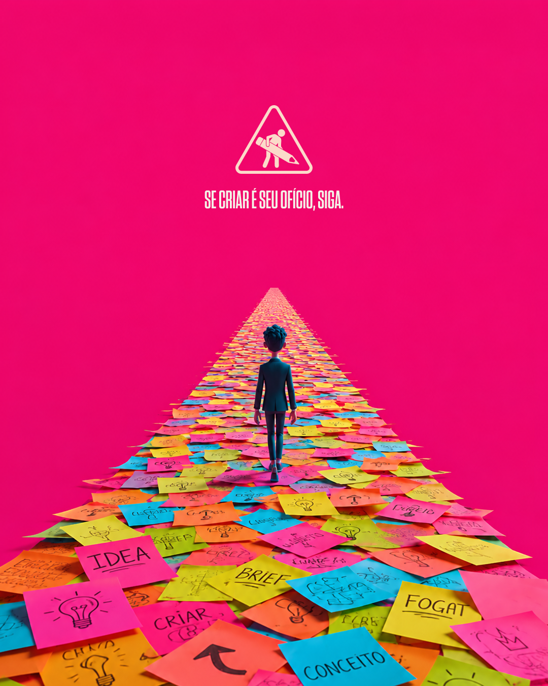 A person walking on a pathway covered with colorful sticky notes with ideas and sketches, heading towards a caution sign with a construction worker. The background is bright pink, and there is a phrase in Portuguese that says 'Se criar é seu ofício, siga.'