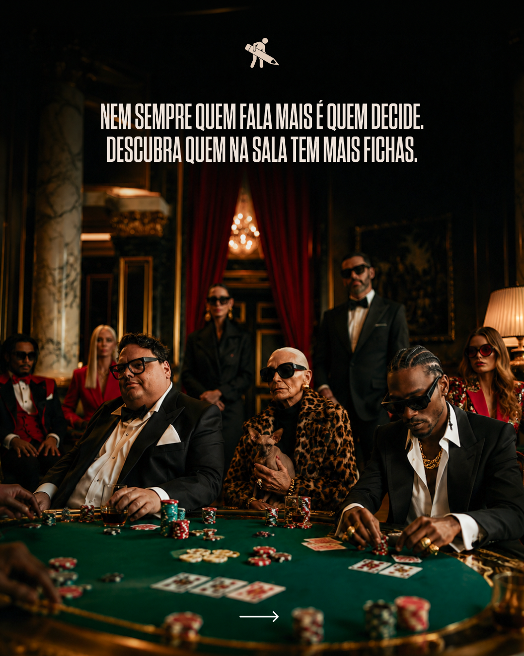 People dressed in tuxedos sitting at a poker table in a luxurious, dimly lit room with red curtains and gold accents, playing cards and poker chips visible on the table.