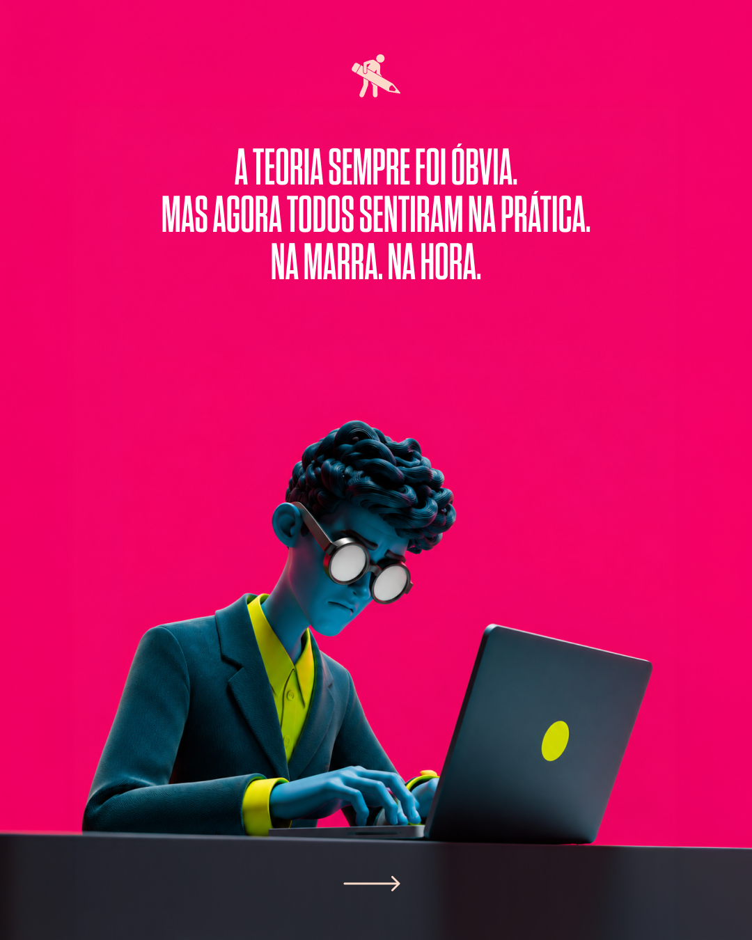 Digital illustration of a young man with curly hair, wearing futuristic large round glasses and a business suit with a lime green shirt, working on a laptop against a pink background. There is a quote in Portuguese and a small icon of a person writing at the top.