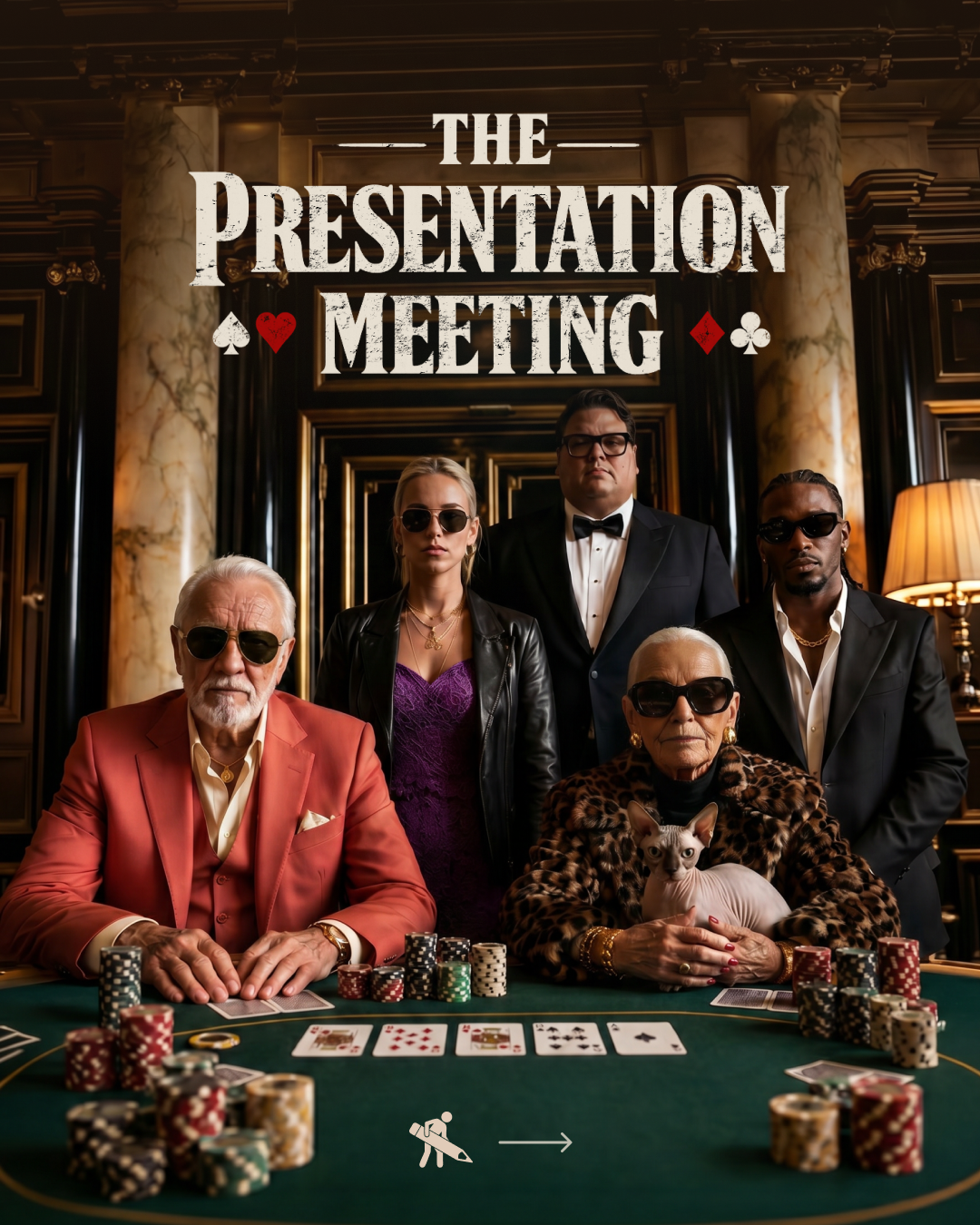 A group of five people dressed in formal and fashionable clothing posing in a luxurious room with a poker game set up on a green table. The text 'The Presentation Meeting' is displayed at the top with card symbols.