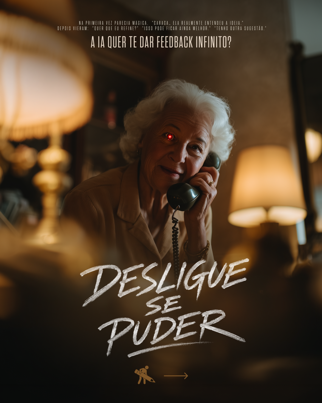 A vintage-style photograph of an elderly woman with white hair talking on a rotary phone inside a warmly lit room, with lamps and ornate furniture visible. The image includes text in Portuguese and Spanish promoting disconnecting from technology to avoid infinite feedback, with a small graphic of a person with a chainsaw pointing to the right.