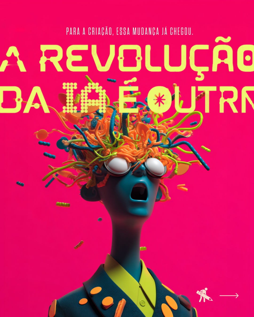 A digital illustration of a person with a surprised expression, wearing glasses, with multicolored spaghetti-like strands and bacteria emerging from their head against a pink background. The text reads 'Para a criação, essa mudança já chegou. A Revol