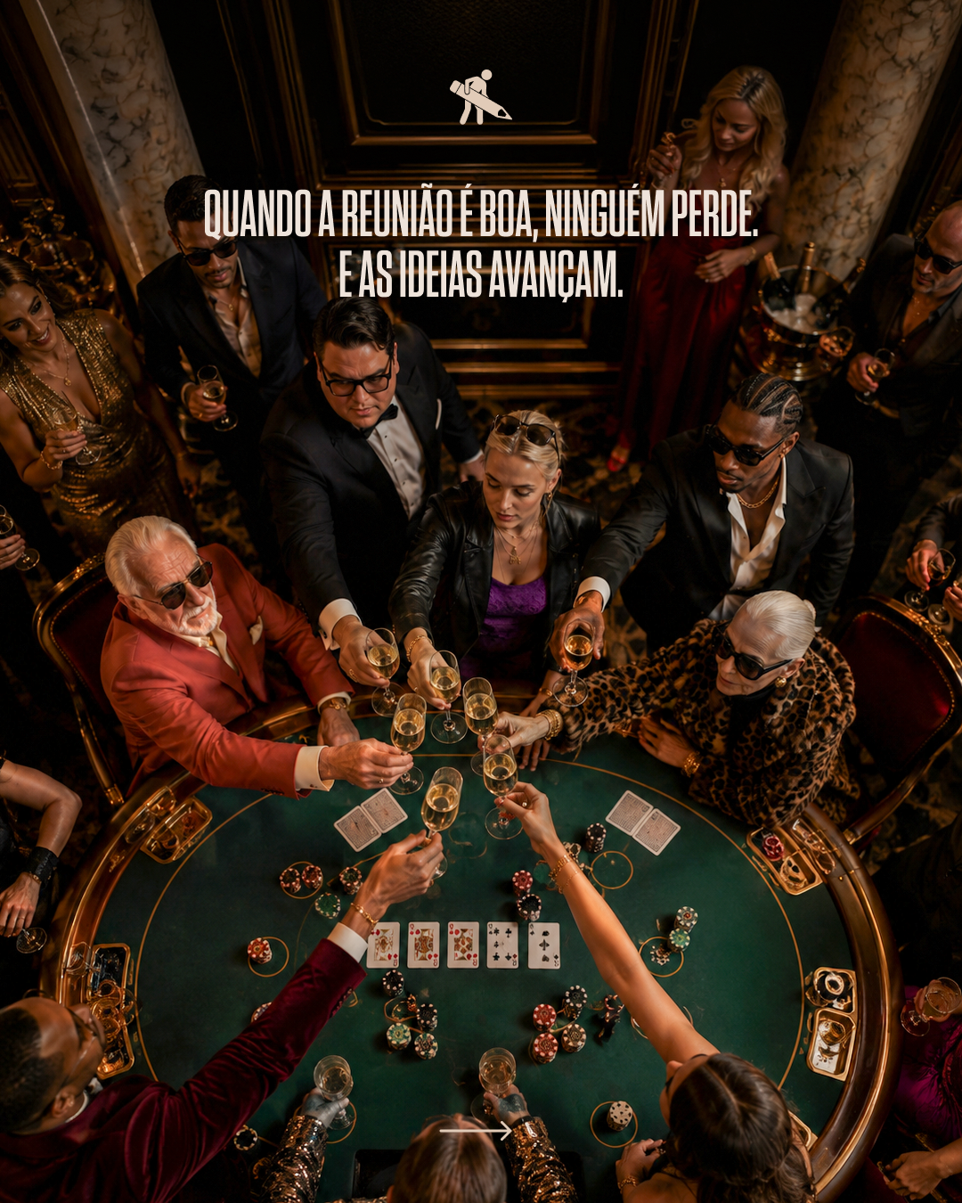 Group of diverse people enjoying a poker game, raising glasses for a toast in an elegant, dimly lit room.