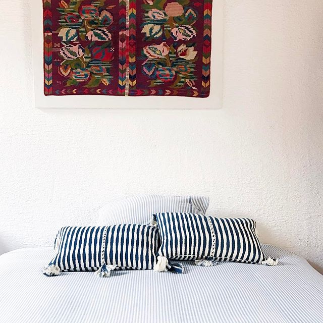 Antigua striped tassel pillow in Dark Teal Blue by Archive NY / Handwoven, artisan made pillows, rugs, blankets & towels.
