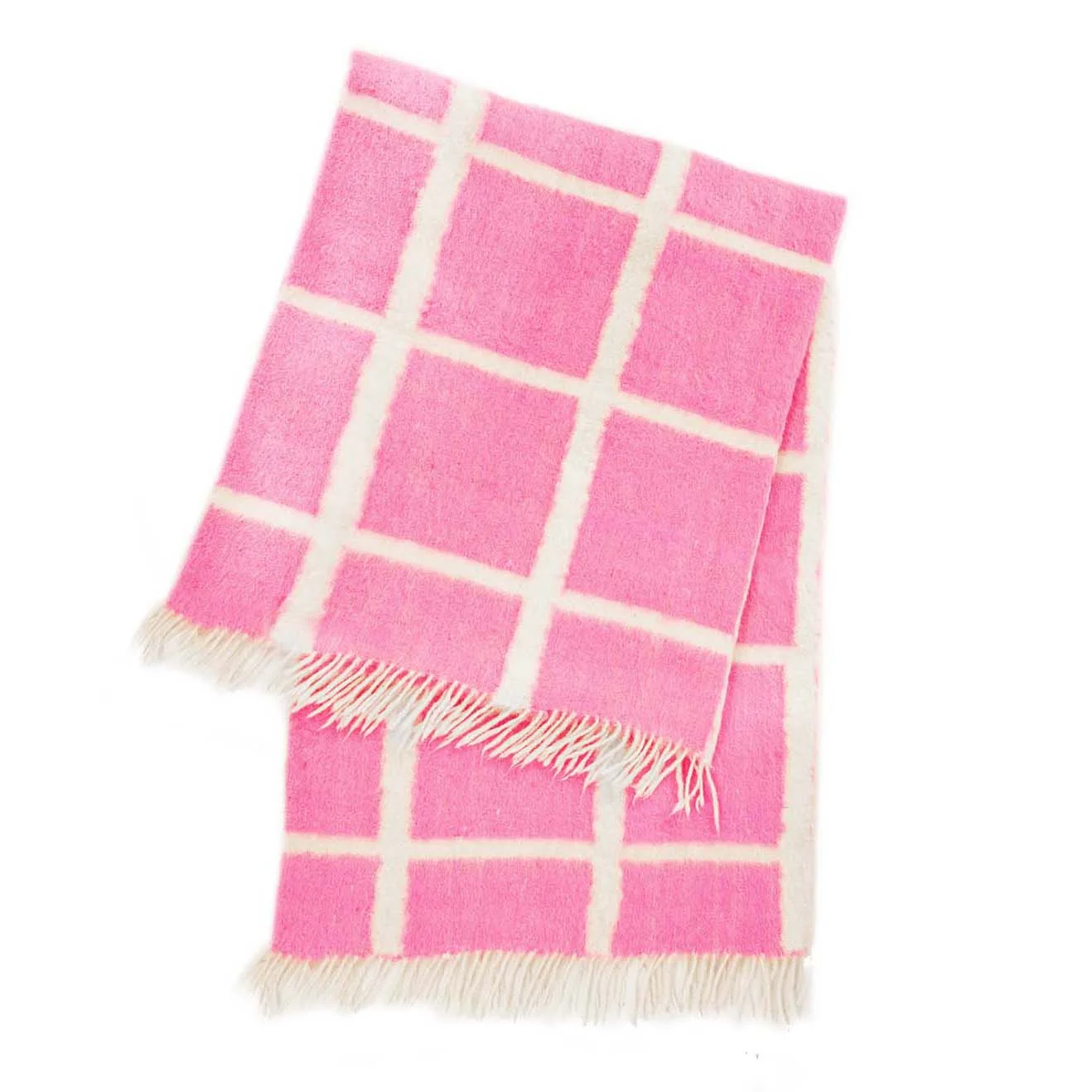 Archive NY: Handwoven wool felted Rug Blanket from Momostenango, Guatemala // Neon Pink & white graphic grid.