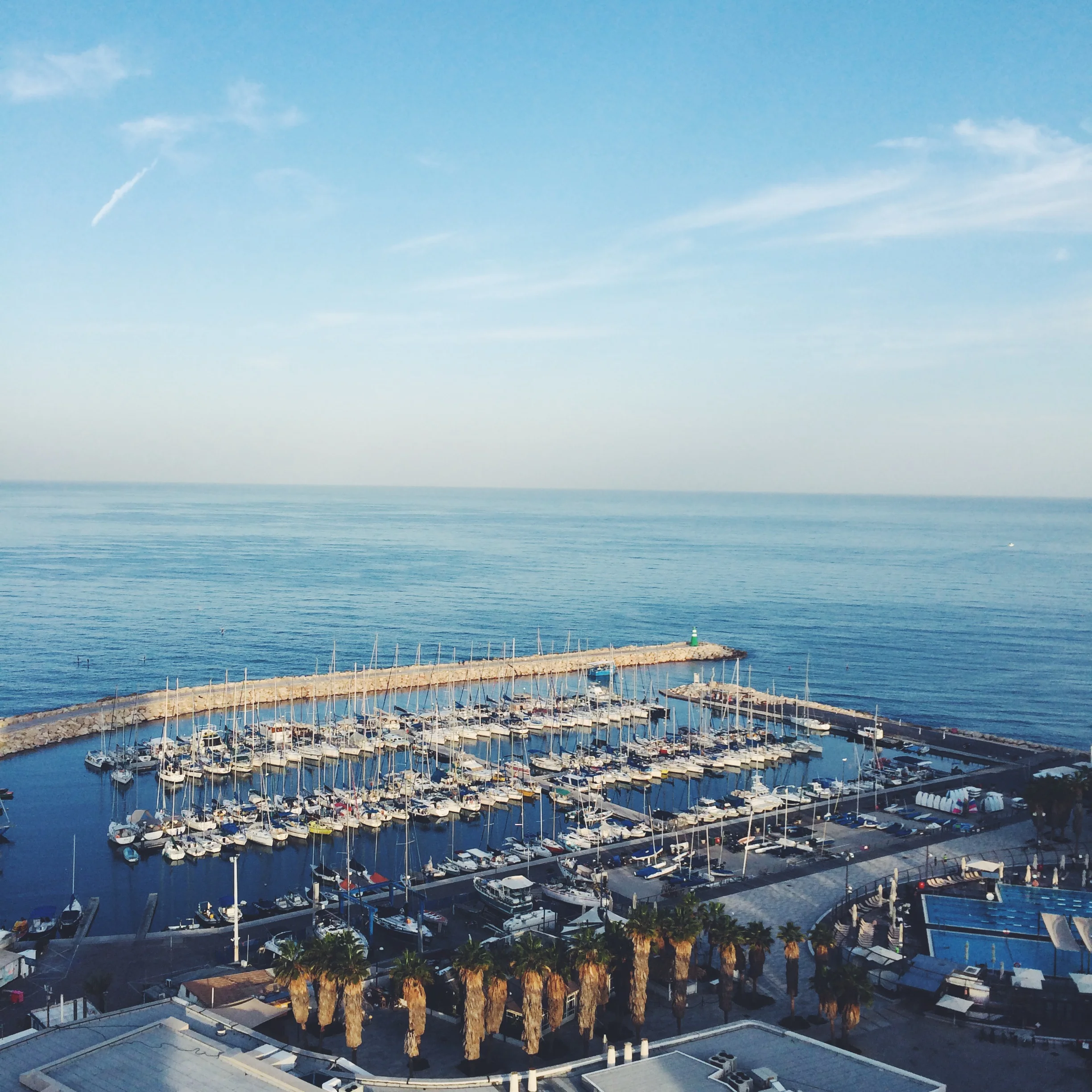 The View from Herod's hotel on the beach. It is the start of the promenade that runs all the way along the shore to Jaffa. Makes for a great running track.