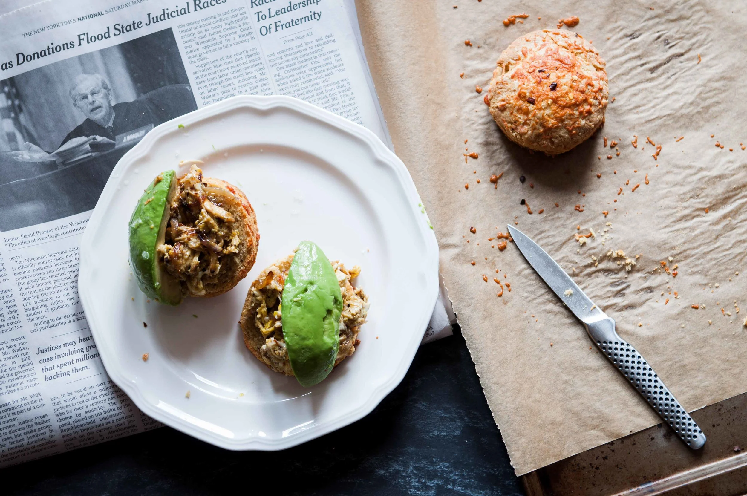 I served the scones sliced in half and topped with spicy leftover roast chicken scrambled into fresh eggs and topped with avocado.