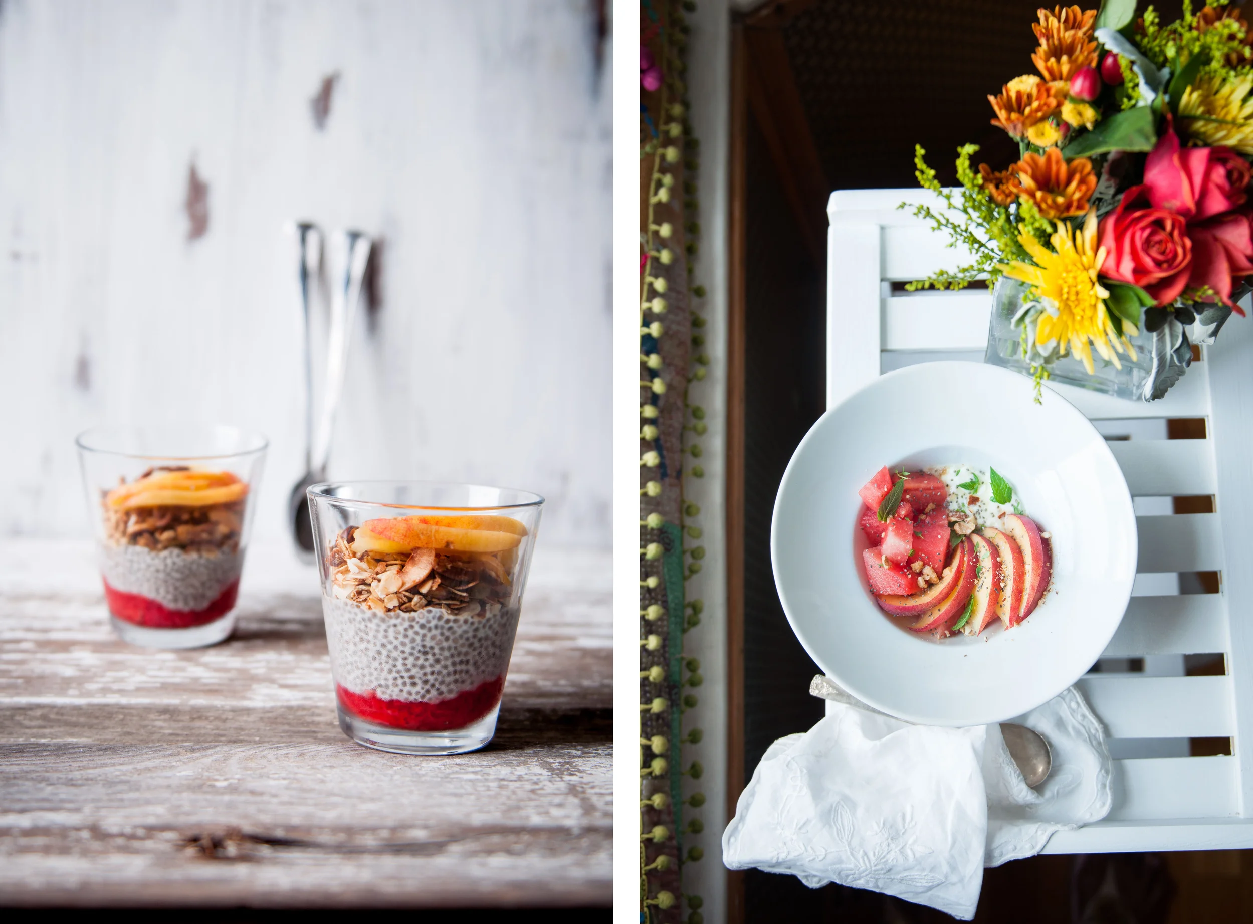 1. Chia-almond milk pudding with Rhubarb and strawberry compote, coconut granola and fresh peach slices | 2. Chia yogurt, watermelon and peach salad, with fresh mint leaves