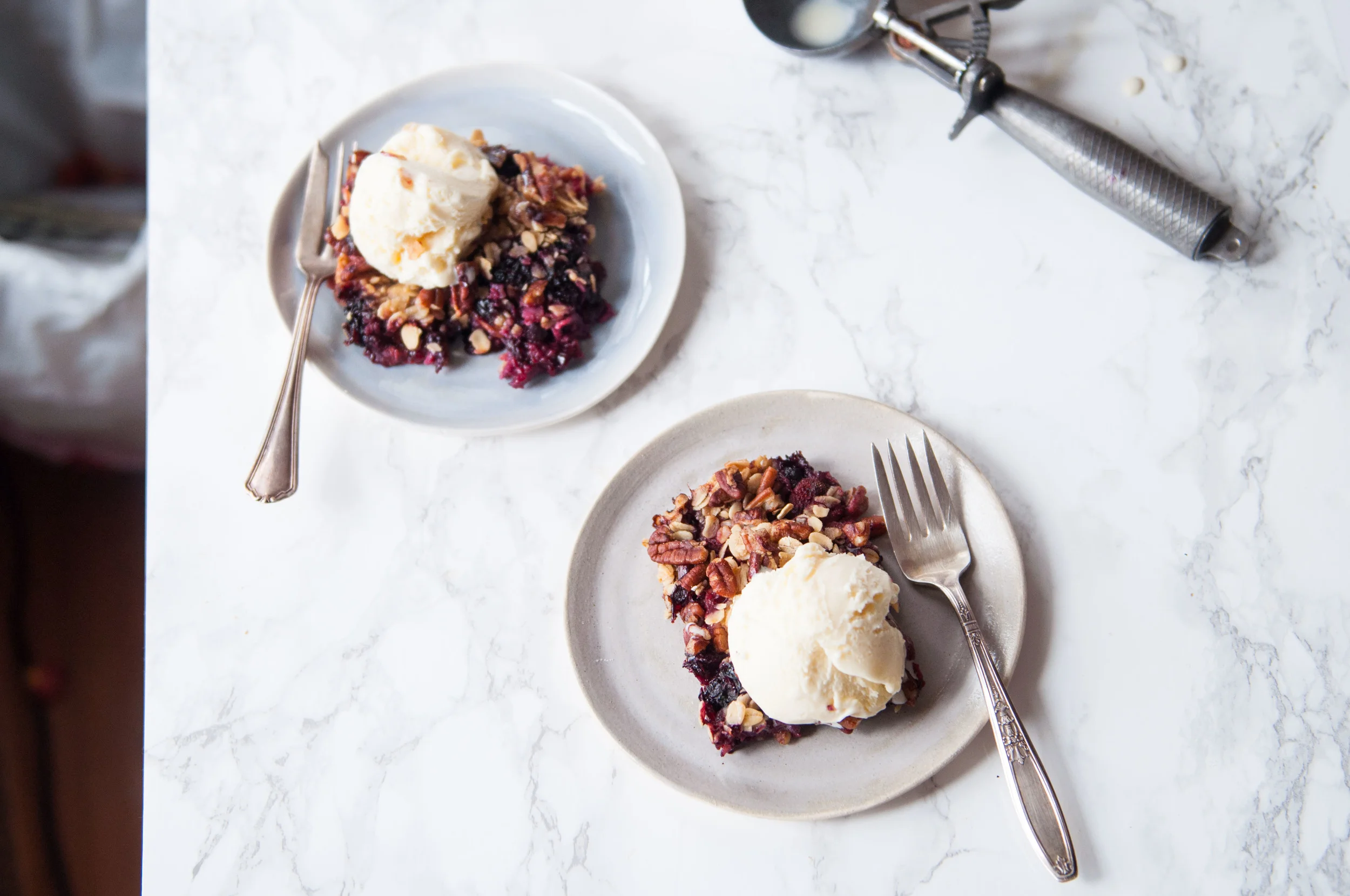 Mixed Berry Crumble with an Oat and Pecan Topping. Sweetened with honey.