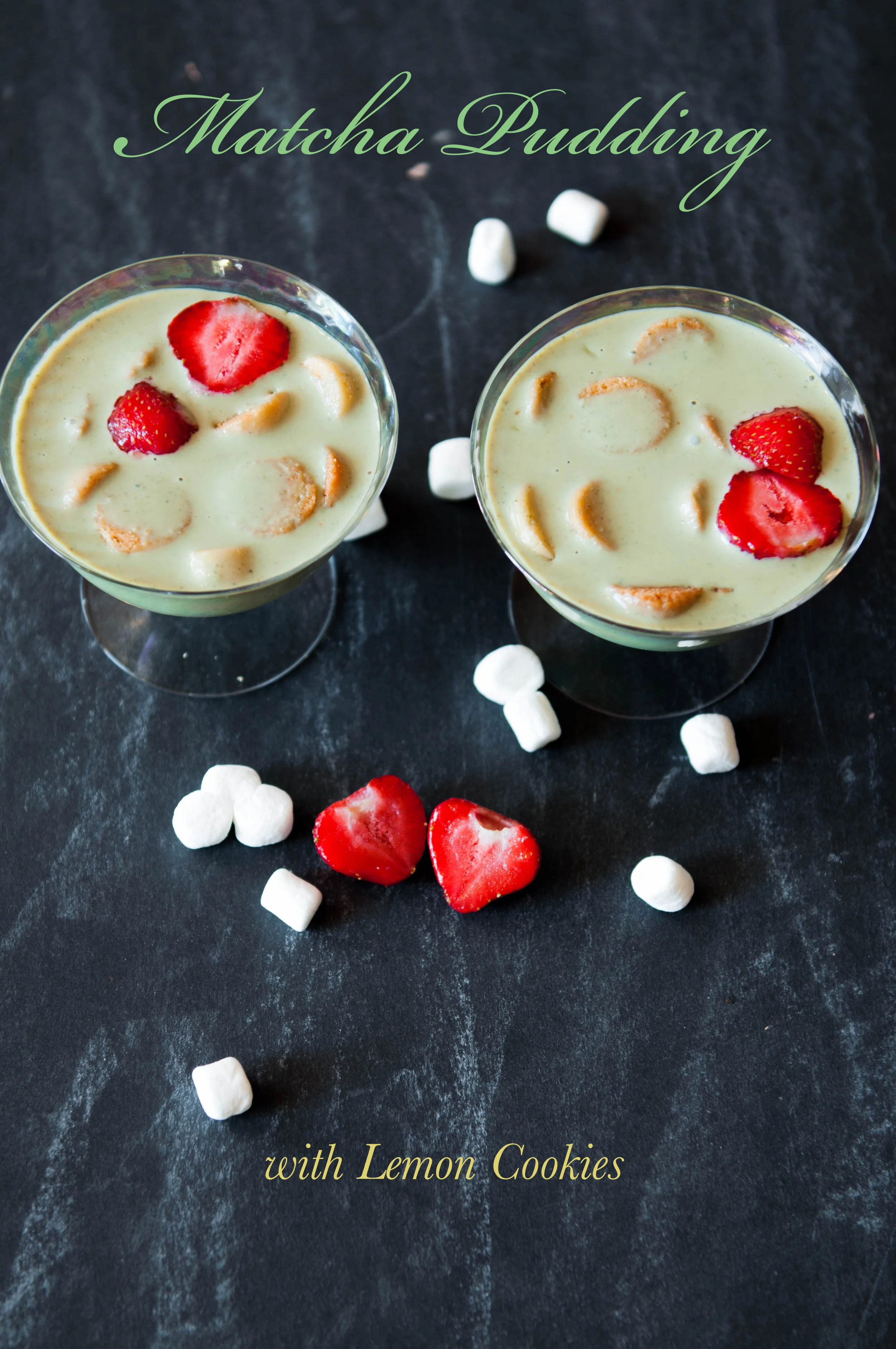 Lemon cookies soaked in Matcha pudding makes a startling luscious dessert!