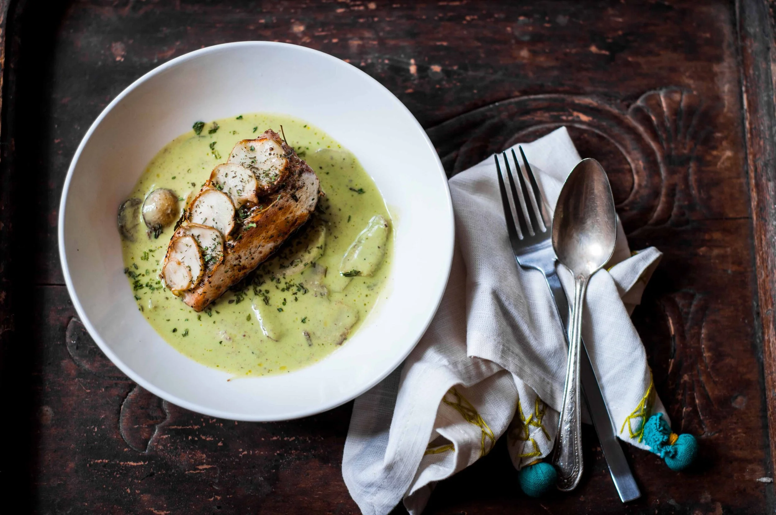 SEARED SWORDFISH IN LEMONGRASS GREEN GODDESS SAUCE