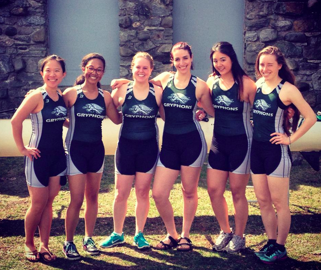 The Women's Crew Team from left to right: Christina Tang '17, Faith Cody '17, Kate McGuire '17, Hannah Lipschutz '17, Soleil Groh '16, and Sadie Rose Zavgren '17 photo courtesy GoGryphons.com