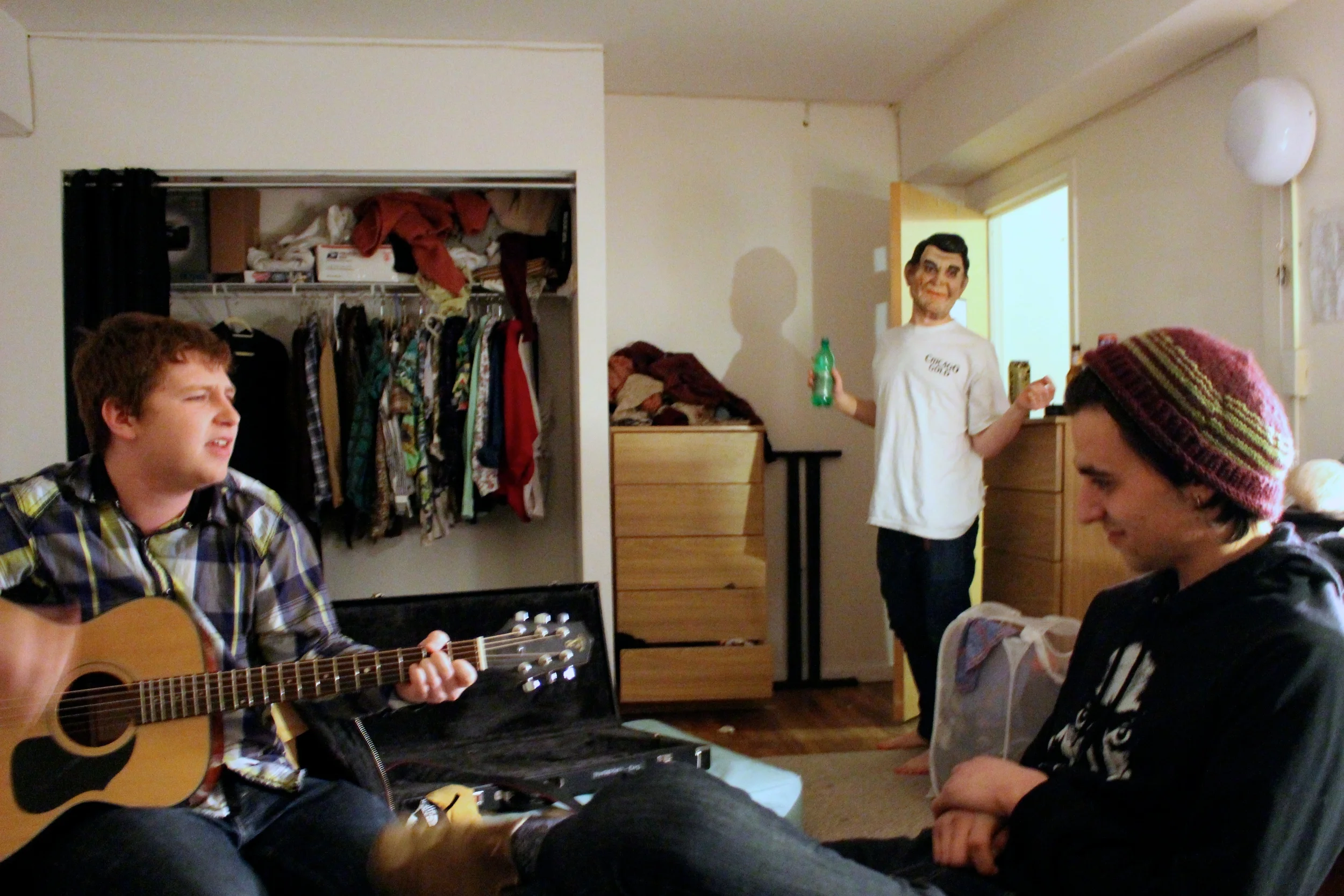 First year students Alex West, Vasaris Balzekas, and Tom Batuello relax in their dorm room.