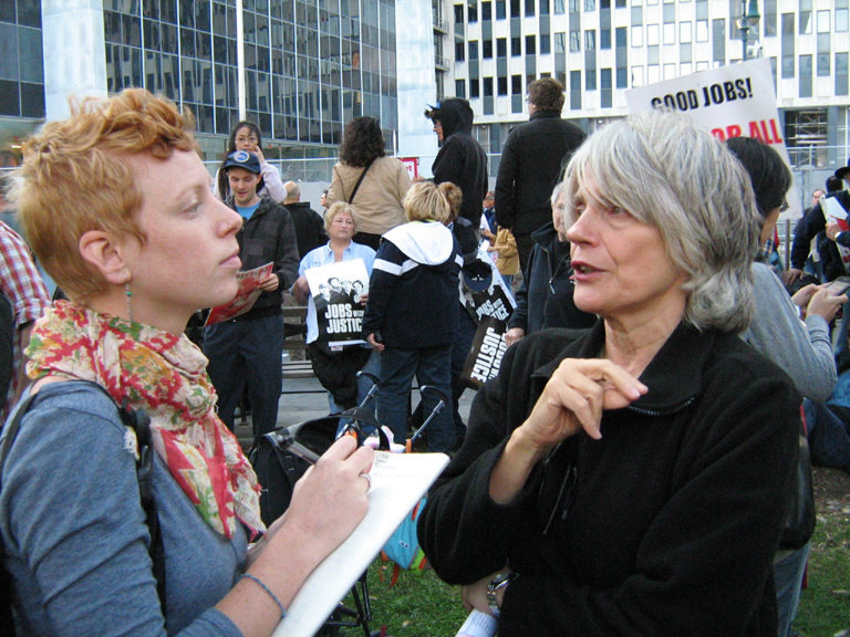 Murolo with Emma McCumber ('11) at Zuccotti Park in Lower Manhattan during the 2011 Occupy Wall Street Protests. Photo by Benjamin Chitty, Murolo's husband