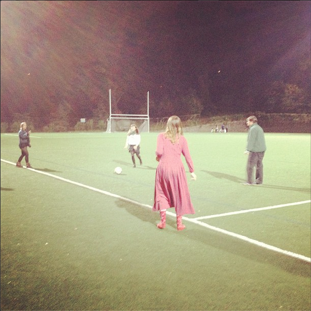 Joy Powers (‘17), Colette Harley (‘17) and Hannah Rothpearl (‘17) and Professor Lyde Sizer (American History.) play soccer during halftime at a Sarah Lawrence women’s soccer game. Photo by Sarah McEachern '17