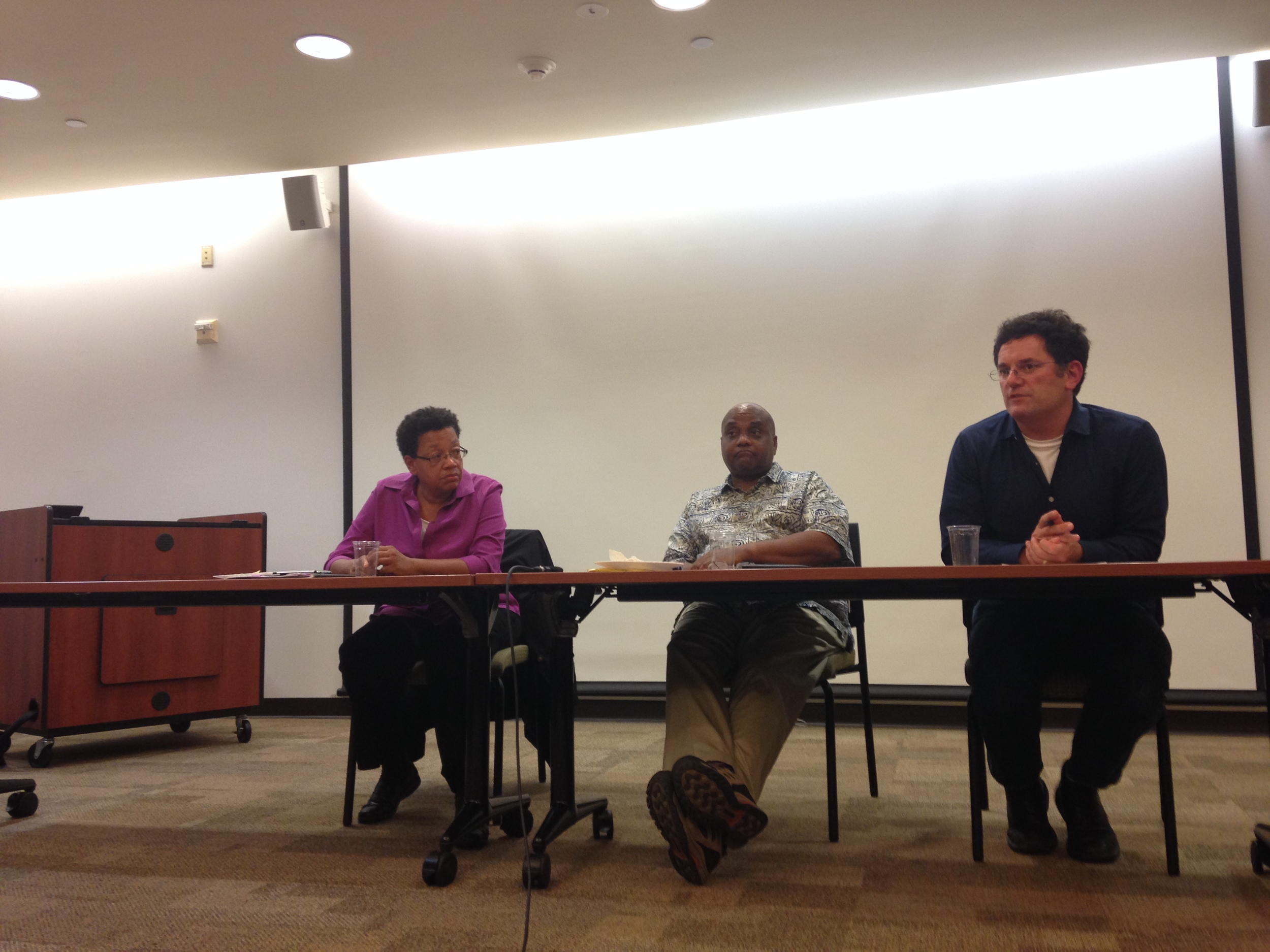 Marek Fuchs, Komozi Woodard, and Rebecca Johnson at the first campus conversation in September. Photo taken by Anthony Magana ‘17.