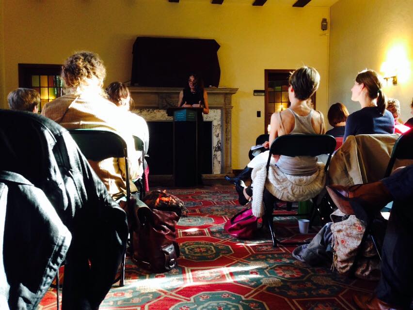 Mary Ruefle speaking to a group gathered in Slonim Living Room. Photo by Georganna Poindexter '17