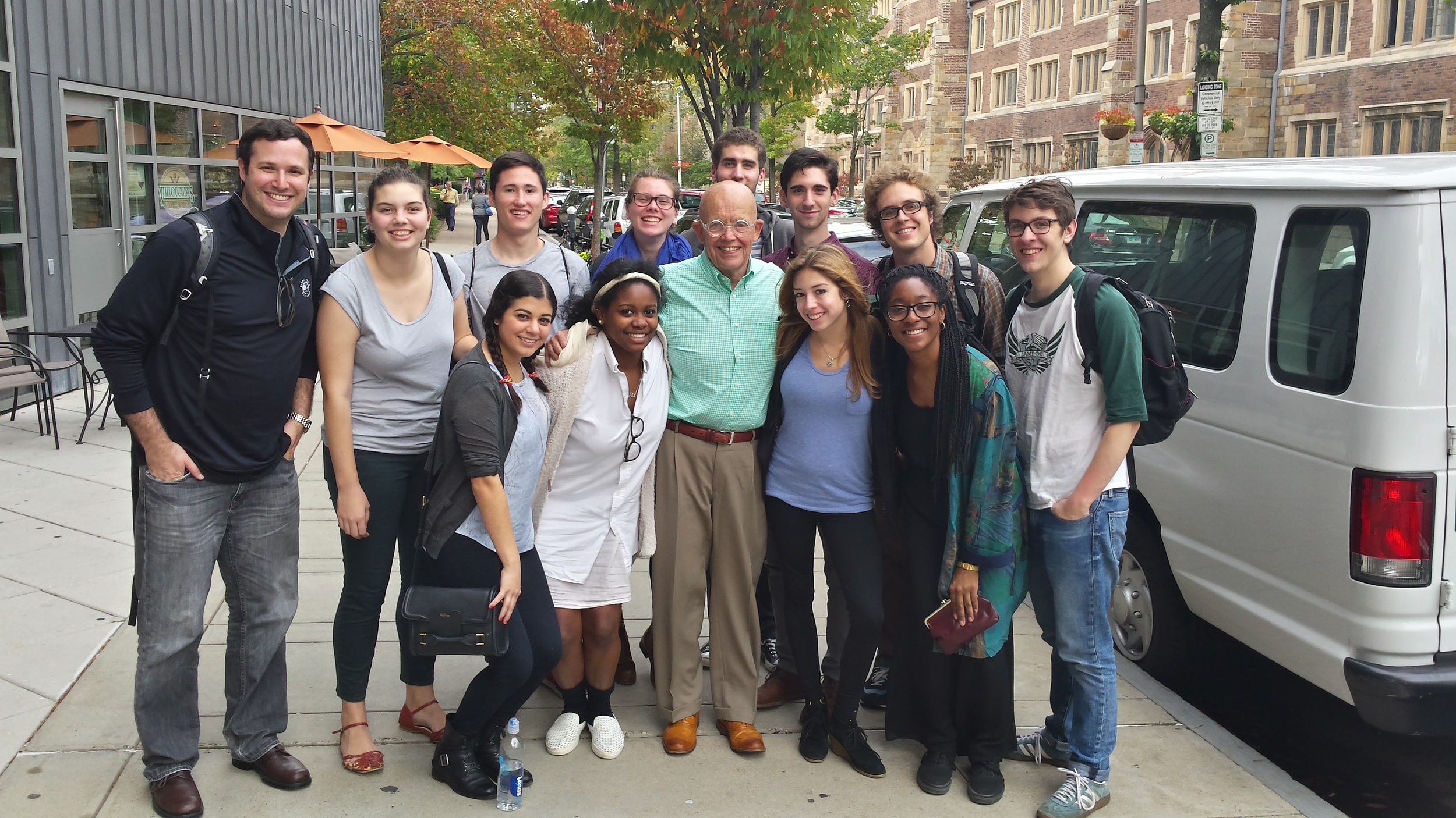 The class poses for a photo on the street in New Haven. Photo courtesy Sam Abrams.