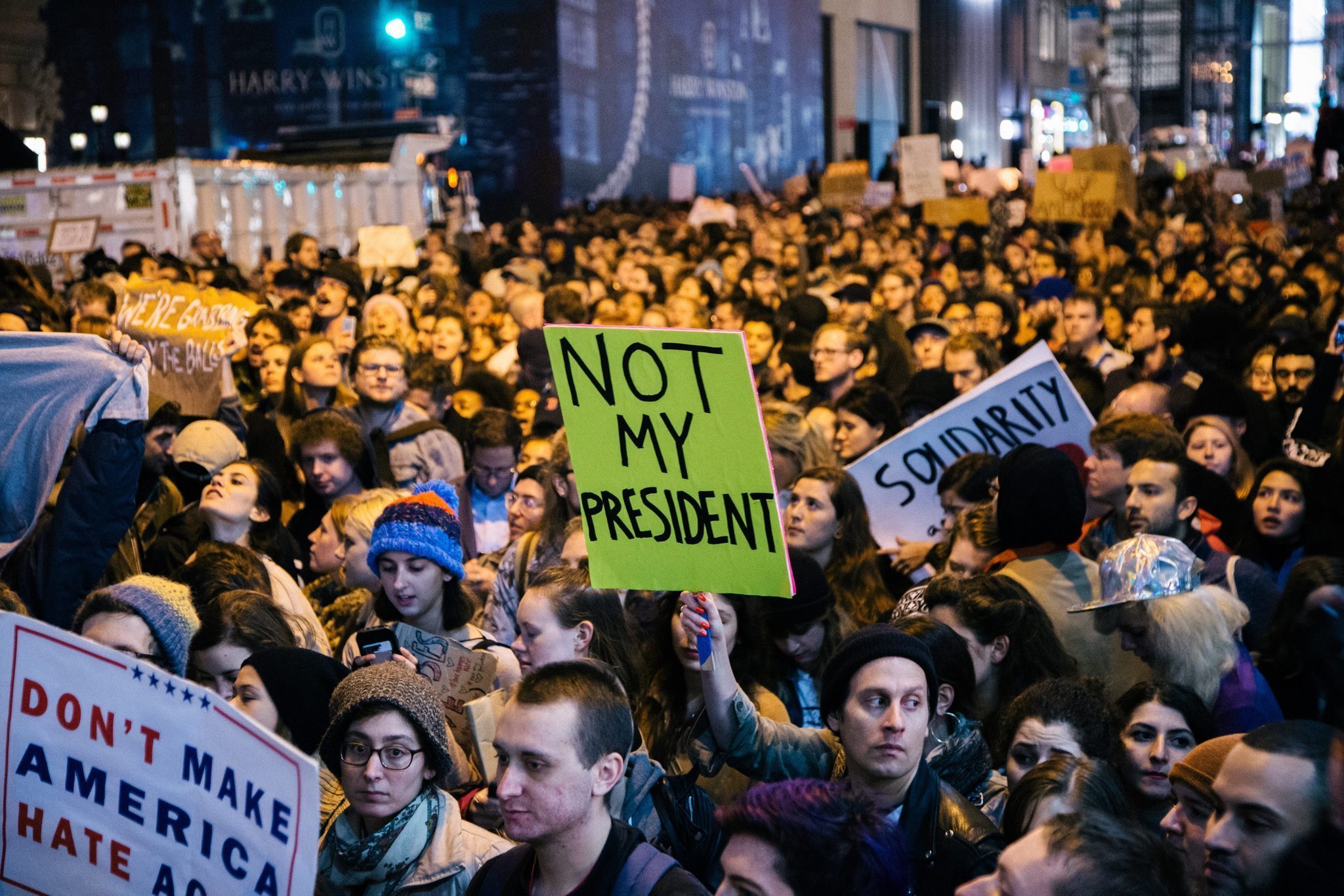 Protestors standing up against the election of Donald Trump in New York City. Photo courtesy of the Los Angeles Times