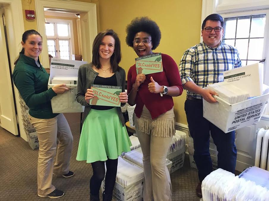 Sending out acceptance letters for the class of 2021. Photo courtesy of Sarah Lawrence College Office of Admissions.