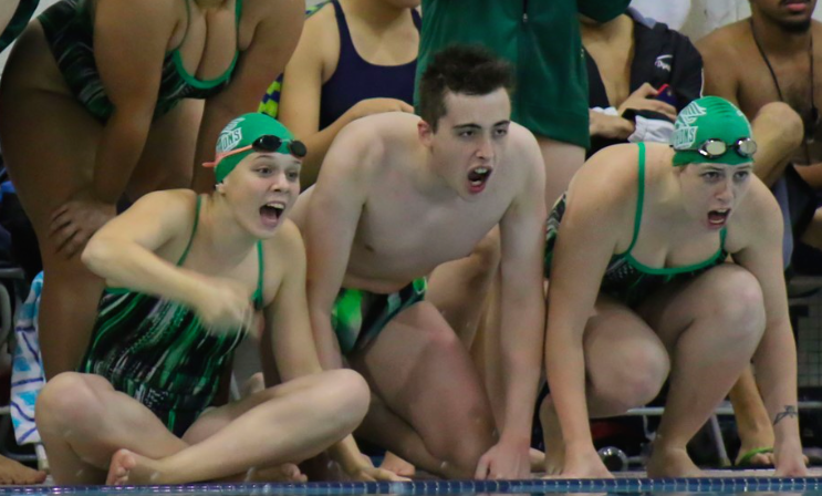 Swimmers get riled up during a meet. According to captain Jacob Ringo '21, the team is on track for one of their best seasons yet." Credit: Amanda Wall/GoGryphons