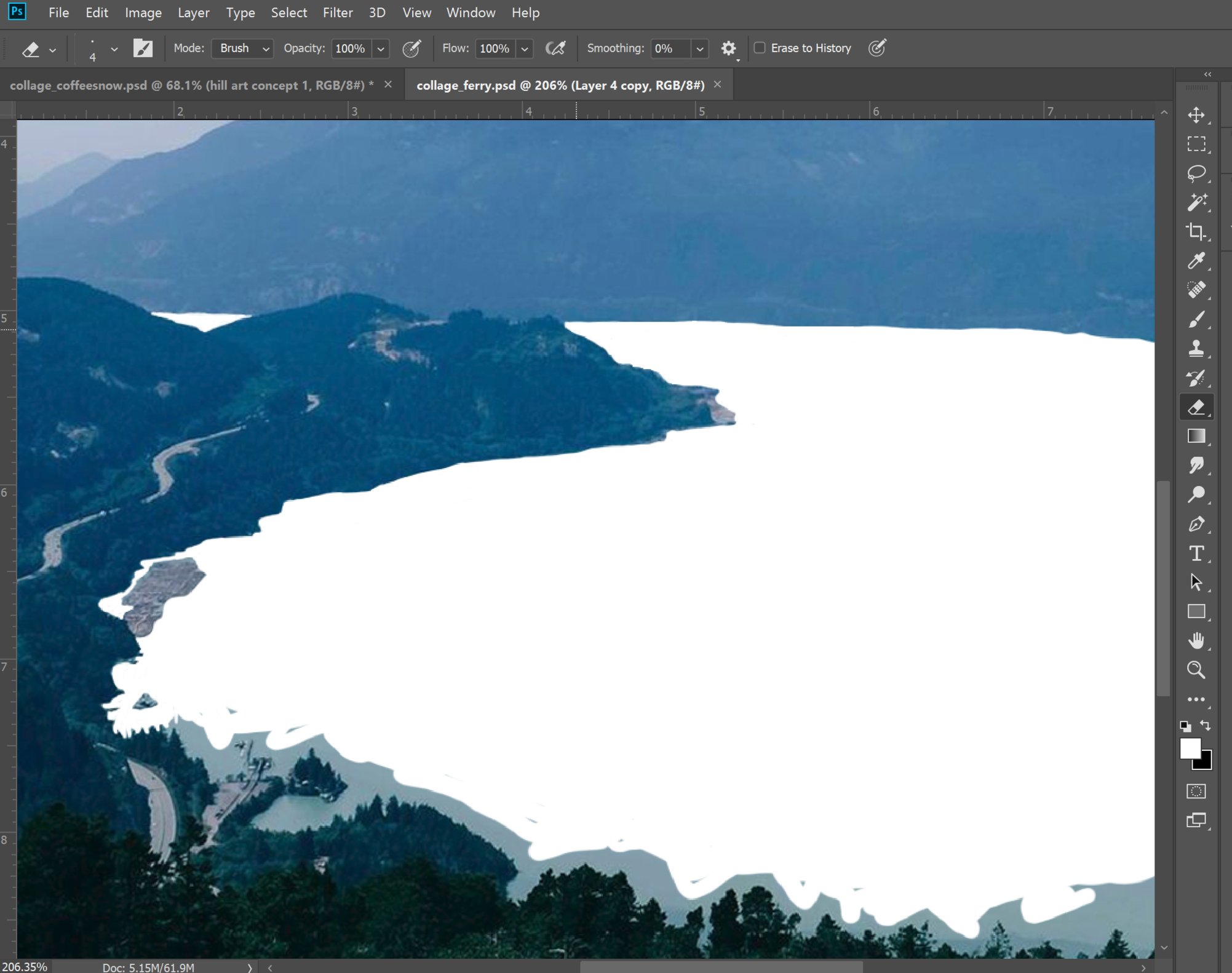 Above and below is a digital collage I am working on using a photo I took atop The Chief in Squamish and a scan of one of my paintings. I love all the blues, but I'm always striving to pull back and simplify. It's so easy to over-do a piece; it's harder to know when to stop.