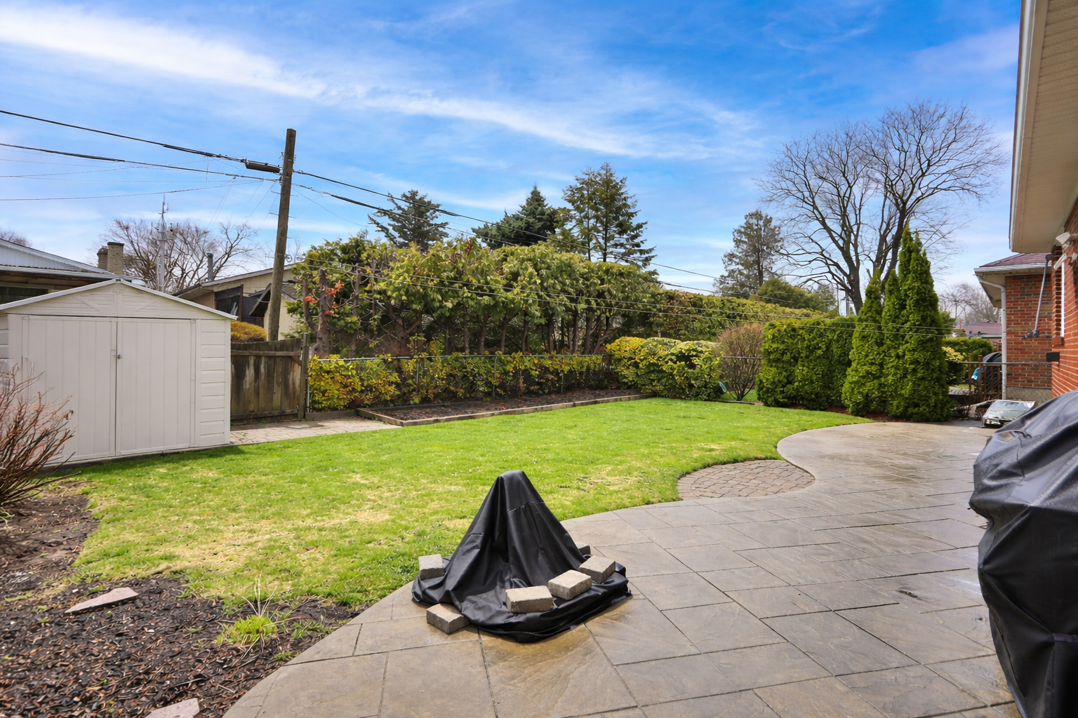 Sunny backyard with fire pit and shed.png