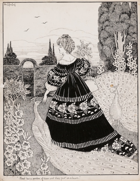 Ida Rentoul Outhwaite Maud has a garden of roses and lilies fair on a lawn c1906 drawing