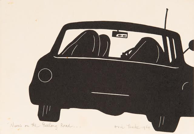 Eric Thake, NUNS ON THE GEELONG ROAD...1969, linocut 14.0 x 21.0 cm