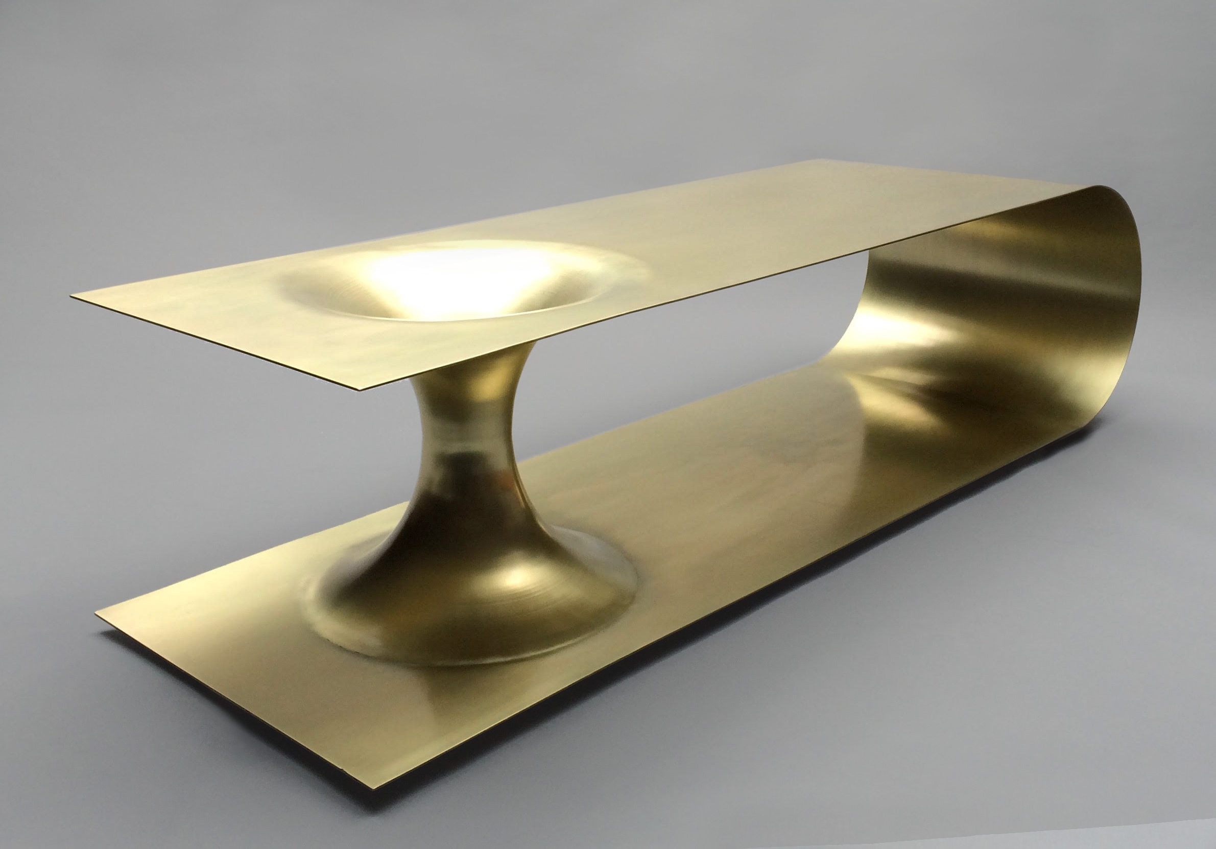   Brass plated steel   Brushed finish 60” L x 20” D x 15.5” H  