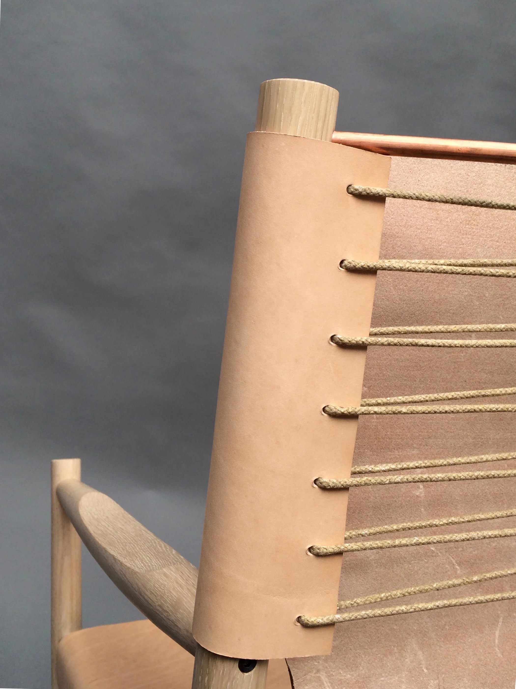Nude saddle leather Cerused white oak Raw copper 28”H x 28” W x 31”D