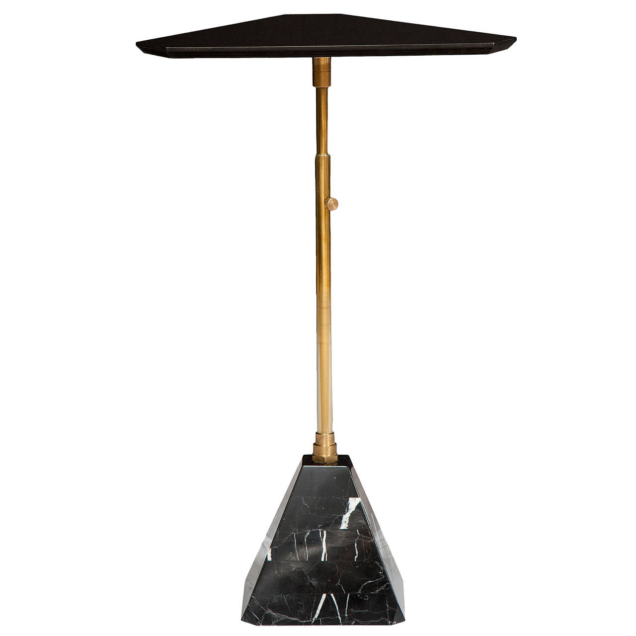   Black colorfin top   Telescoping brass post   Nero Marquina marble base  22” H x 15” W x 15” D 
