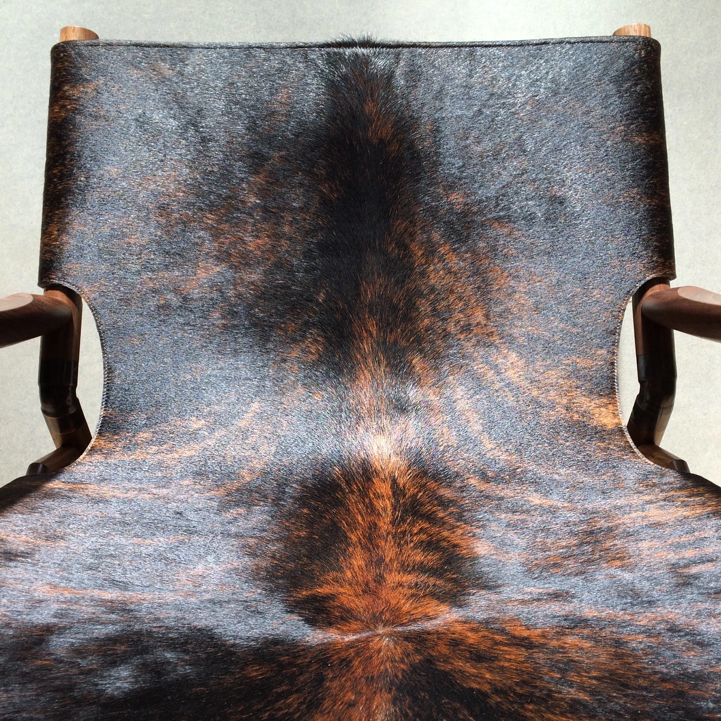 Brown brindle hide Black walnut Raw copper 28”H x 28” W x 31”D
