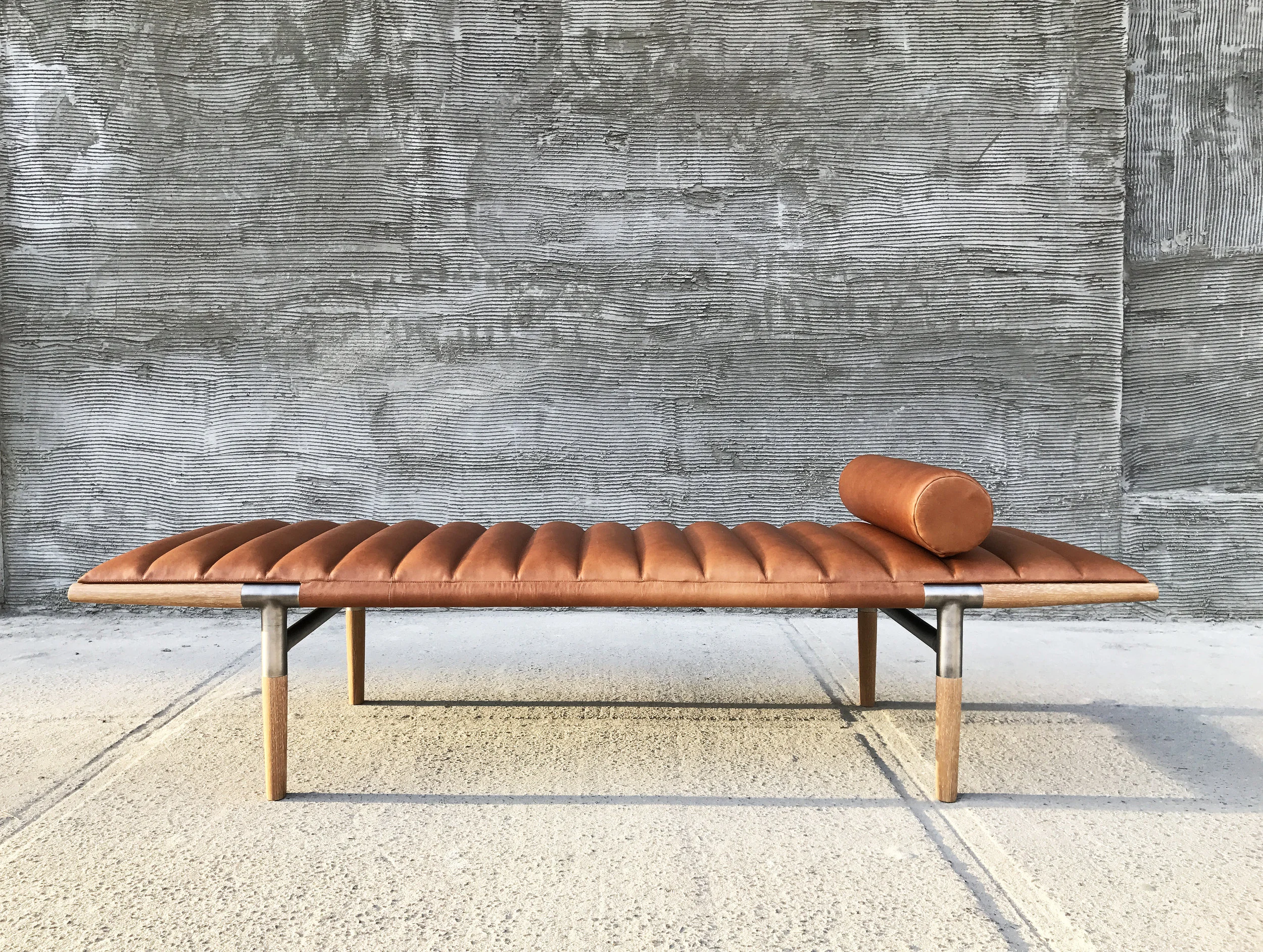 Cognac leather Cerused Iroko Nickel 16” H x 84” L x 31” D