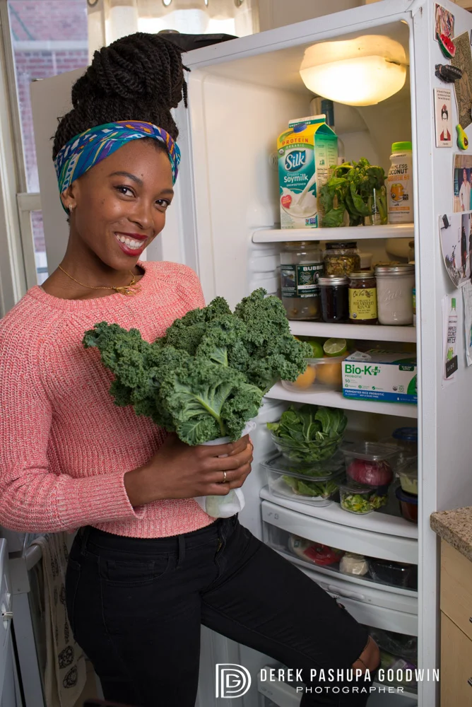This is my favorite photo of Jenné Claiborne from our VegNews photoshoot. Notice anything missing?