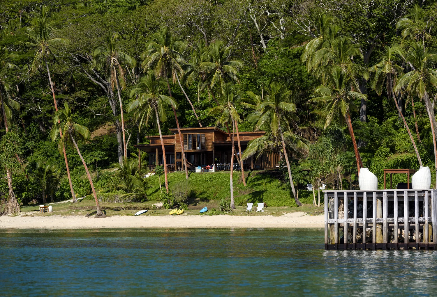 Main Pavilion restaurant and bar, beach and the jetty at The Remote Resort, Fiji Islands