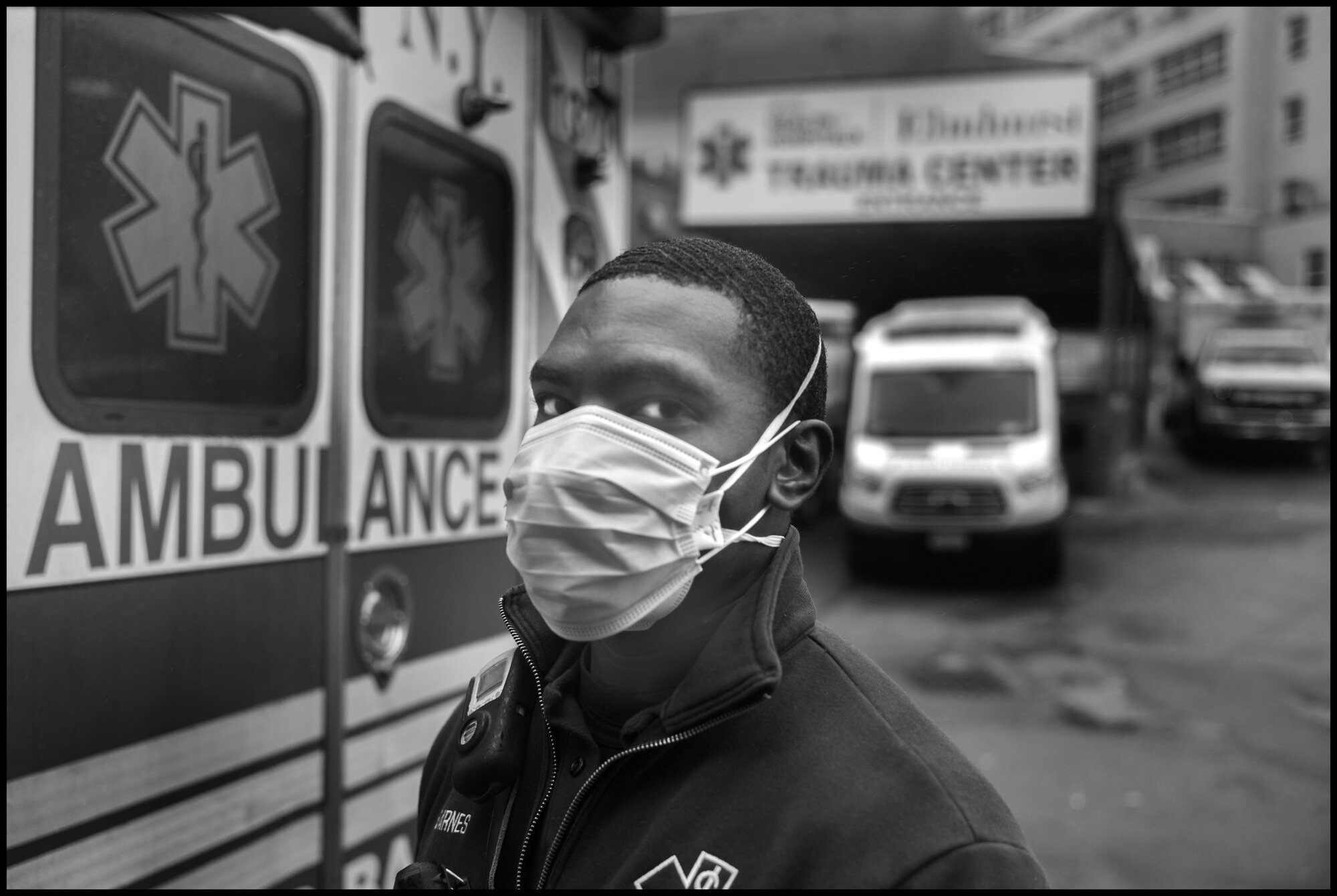  Fabrice, 28, an ambulance driver behind Elmhurst Hospital in Queens, one of the hospital in the US treating the largest number of coronavirus patients. I asked Fabrice if he was scared, and he told me, “no, but this is my first shift during this cri