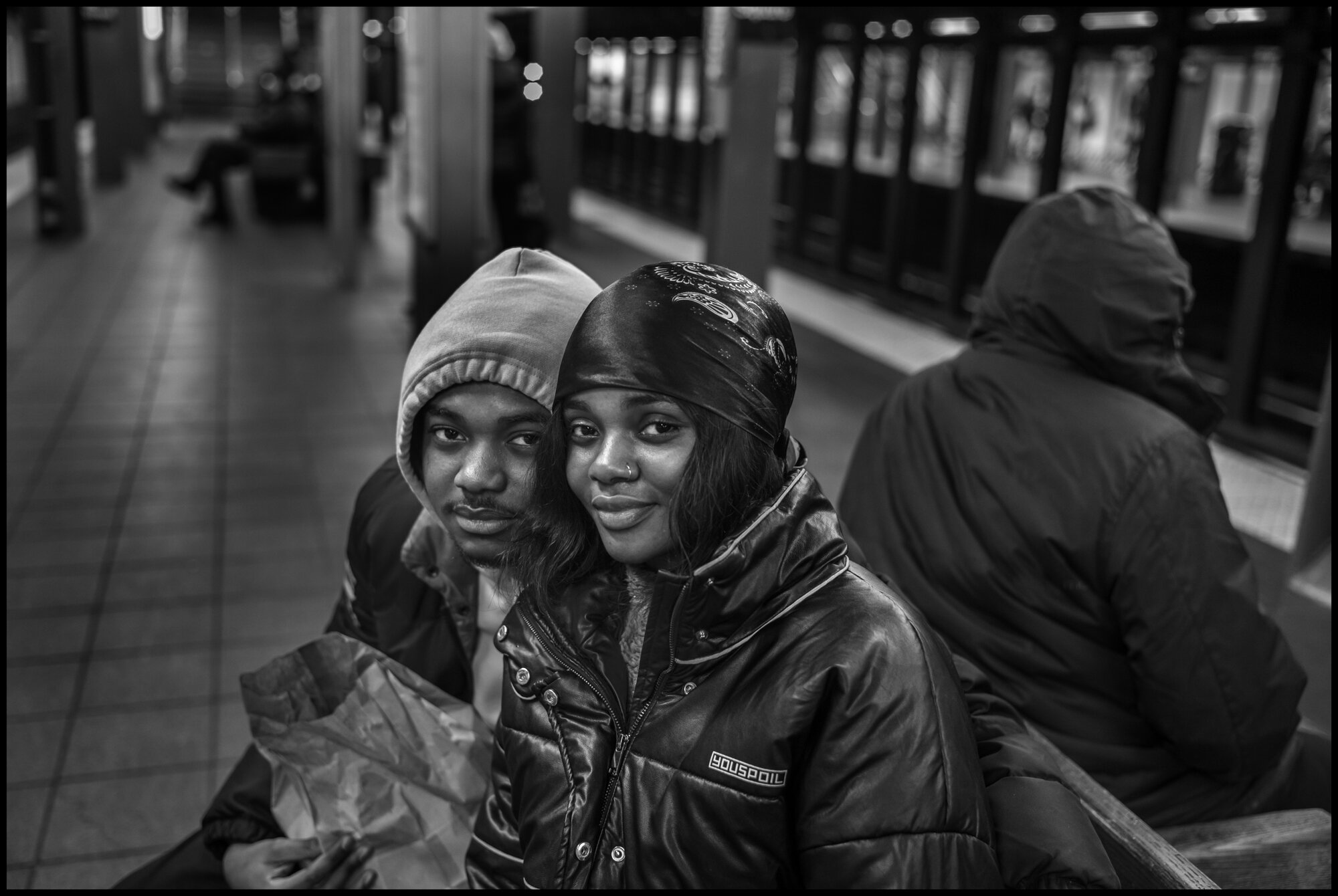  When I arrived at the Times Square stop to change trains to head up town, a young couple, Stephon, 24, and Fidaus, 21 and originally from Ghana, were sitting close together on a bench waiting or the train. I asked them if they were a couple and they