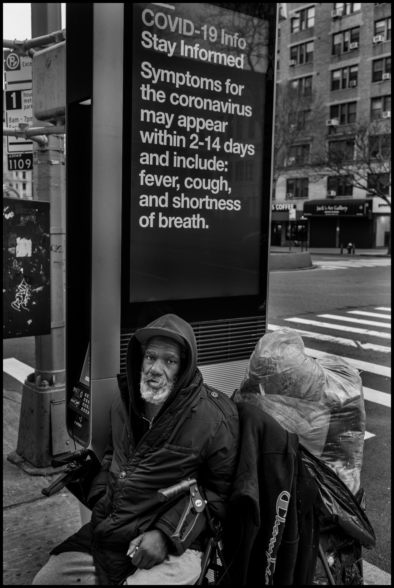  Bruce who is 67 and homeless sits hoping to receive money for food near Columbia College on the Upper Westside. I ask him how things were going. “it’s kind of rough”. I asked him if he was scared, and he replied, “no, I was scared when I went to Nam